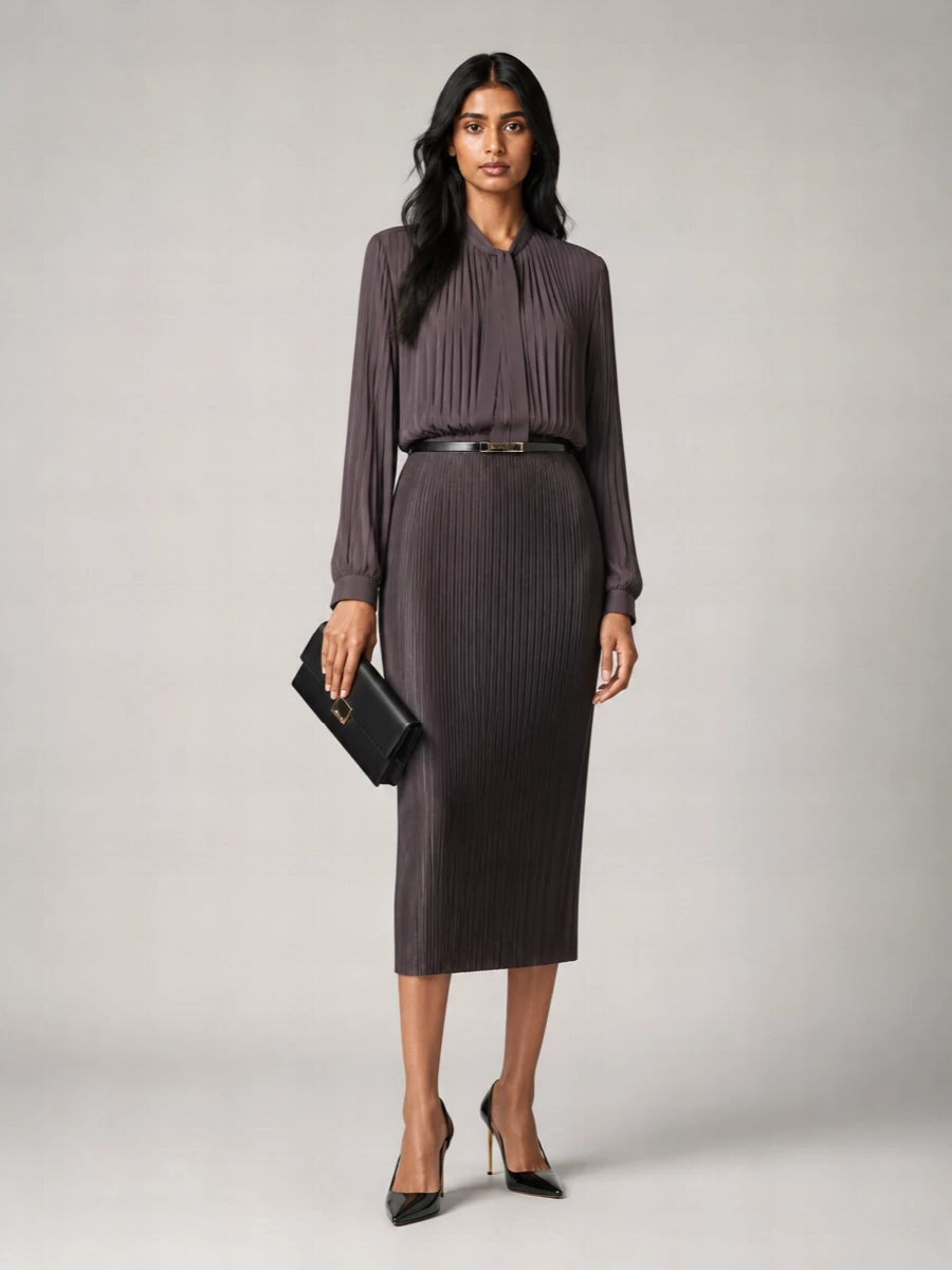 Tom Ford Lamb Leather Ribbed Midi Pencil Skirt