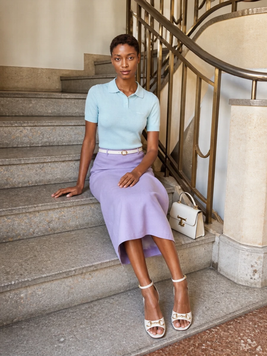 Gucci lilac midi skirt knit polo outfit