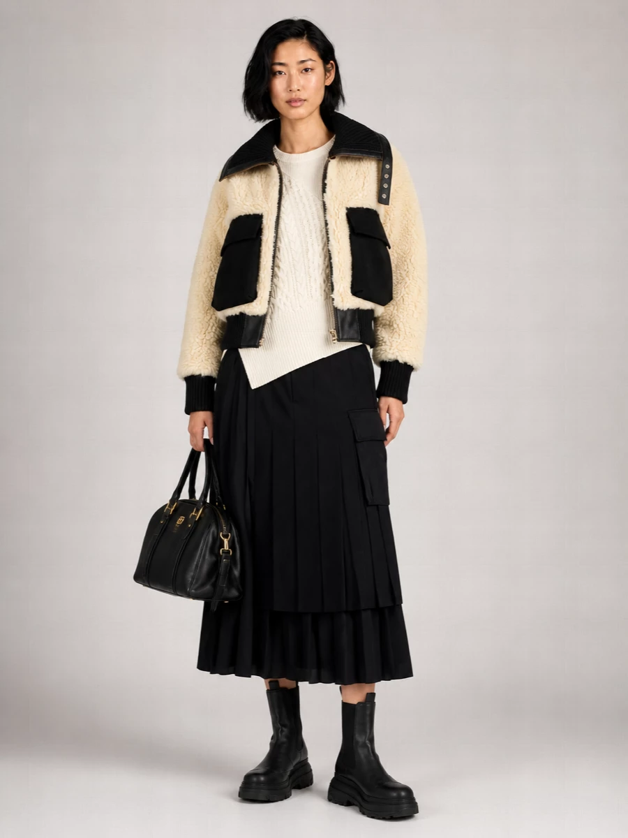 Sacai Shearling Effect Wool Cropped Jacket