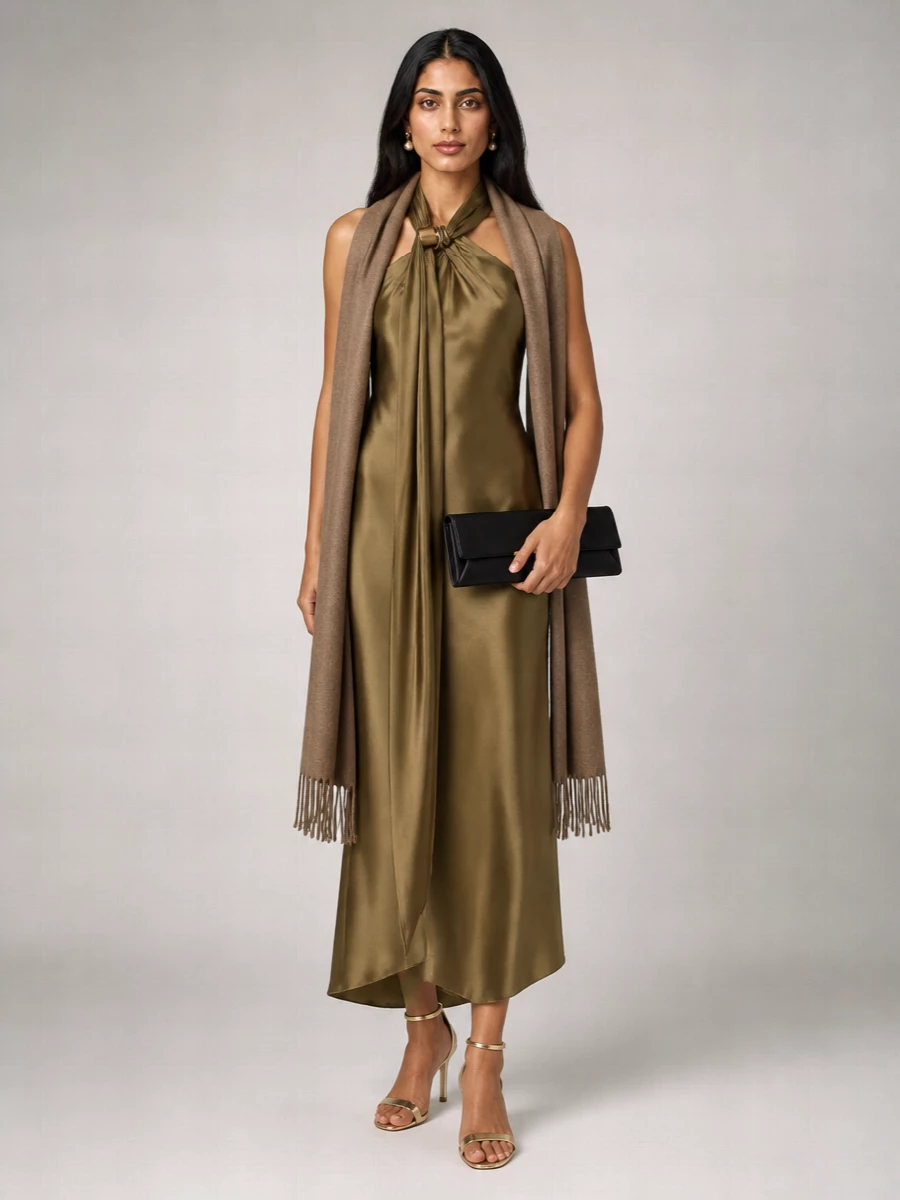 Max Mara silk satin one-shoulder halterneck draped asymmetric midi dress