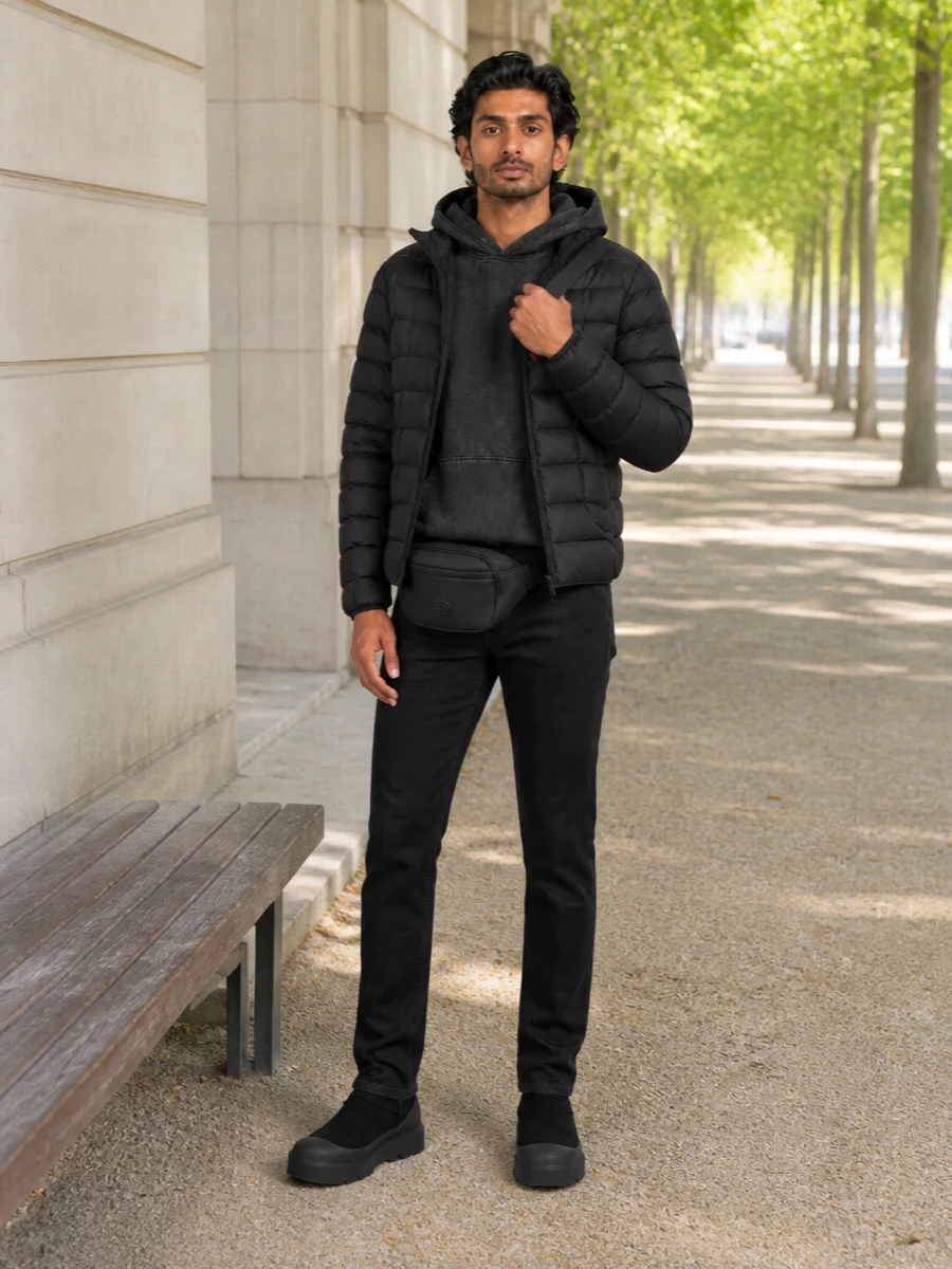 Diesel puffer black jeans winter boots outfit