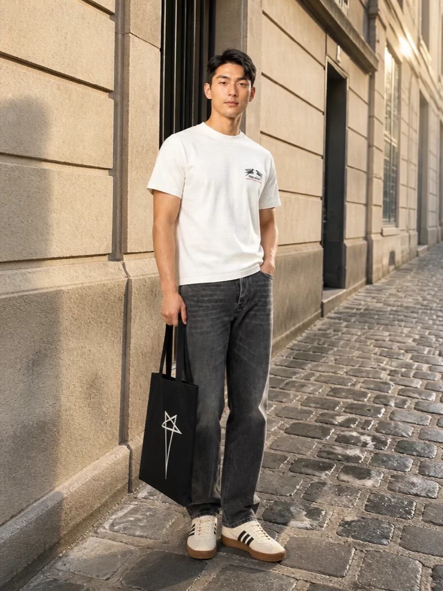 A clean off white graphic tee sits against washed charcoal denim for a low-key monochrome take on streetwear. Cream and black court sneakers pick up the tee’s tones without shouting, while the graphic black tote adds just enough edge. The result is easy, warm weather city dressing that feels intentional but relaxed.