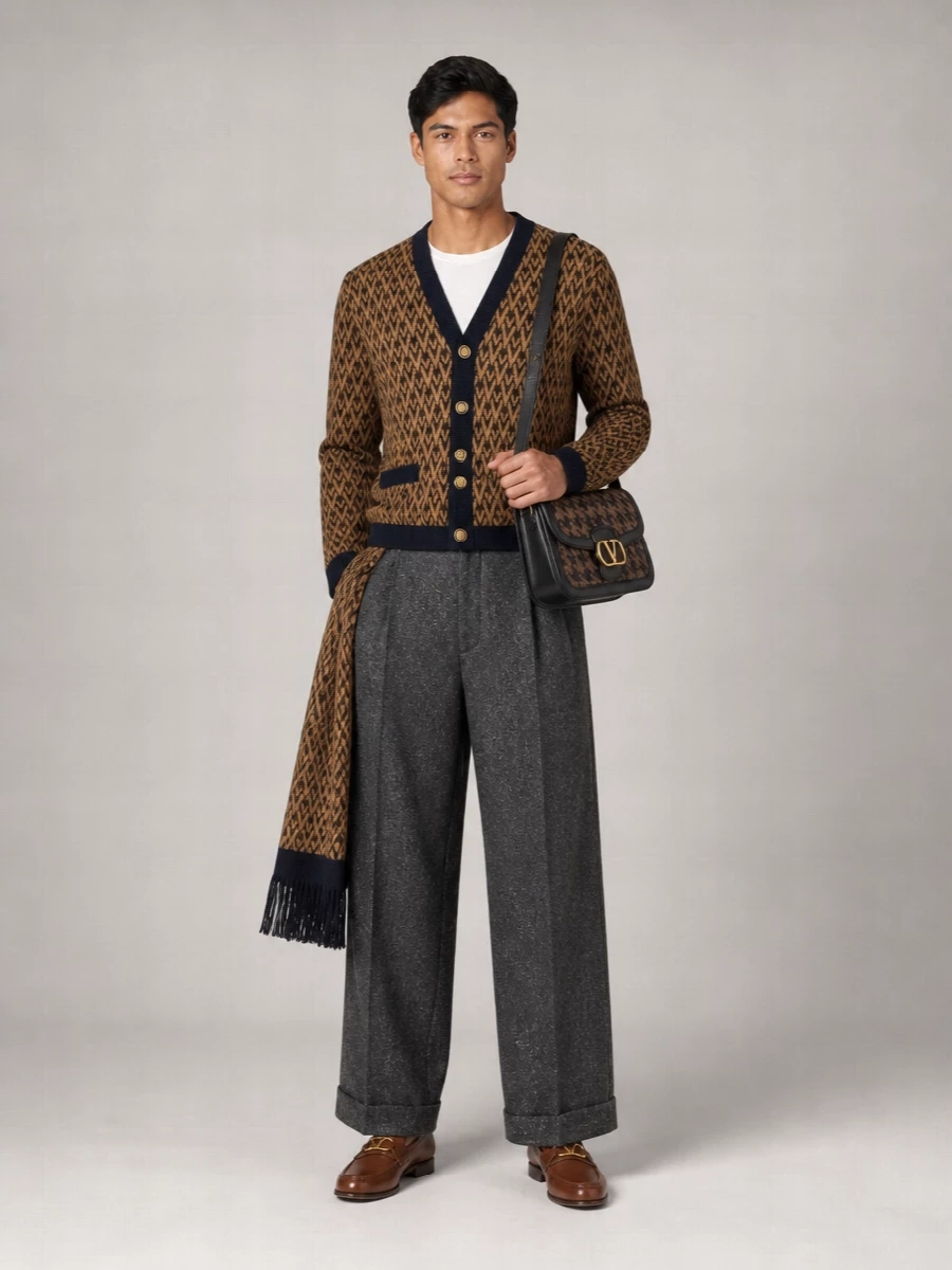 Valentino Cashmere Jacquard V-Neck Ribbed Trim Cardigan