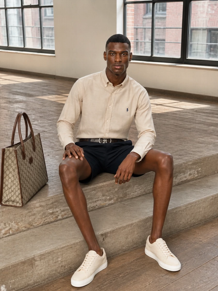 Polo ralph lauren beige shirt navy shorts outfit
