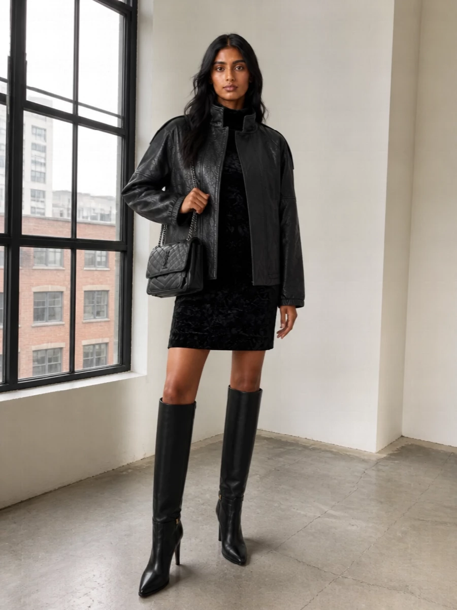 Saint laurent leather coat black velvet mini dress