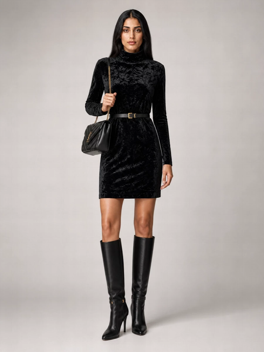 Saint Laurent Padded Velvet Turtleneck Maxi Dress