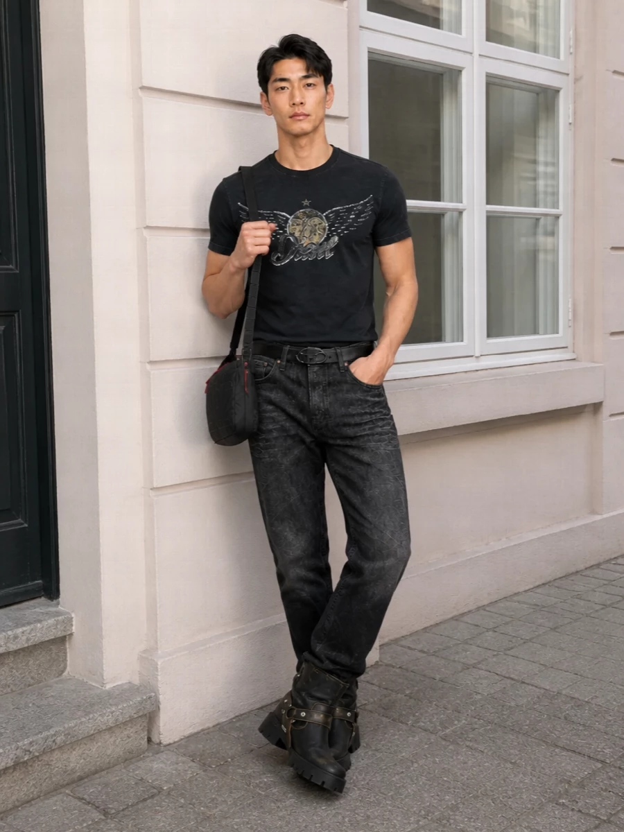 Diesel graphic tee washed black jeans boots
