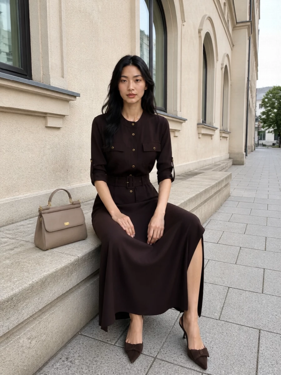 I built around the Tom Ford espresso shirt dress rather than separates so the bag can sit against a single, fluid column of dark tailoring, letting its taupe and gold read as a calm highlight. The rich brown dress, chocolate slingbacks and softly structured bag create a monochrome-adjacent palette that feels city-smart and quietly luxurious from late meetings through dinner. Gold details speak softly to one another, keeping the whole ensemble polished without tipping into overt branding or shine.