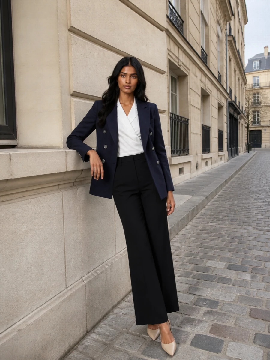 Givenchy navy blazer black flared trousers outfit