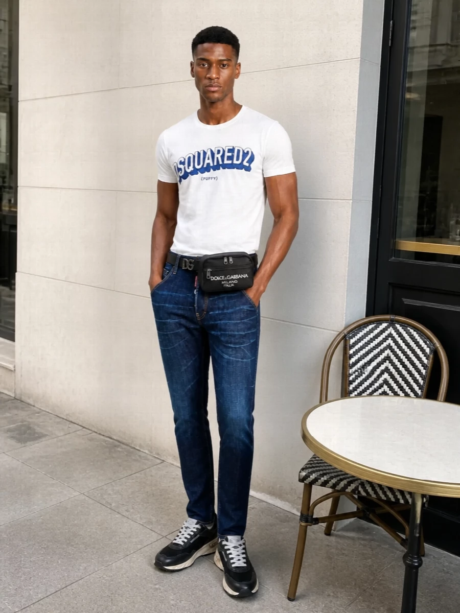 Dsquared2 white logo tee dark jeans outfit