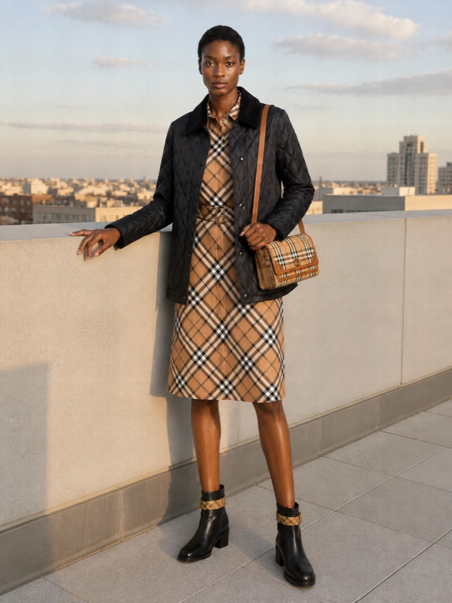 Burberry quilted jacket check shirt dress outfit