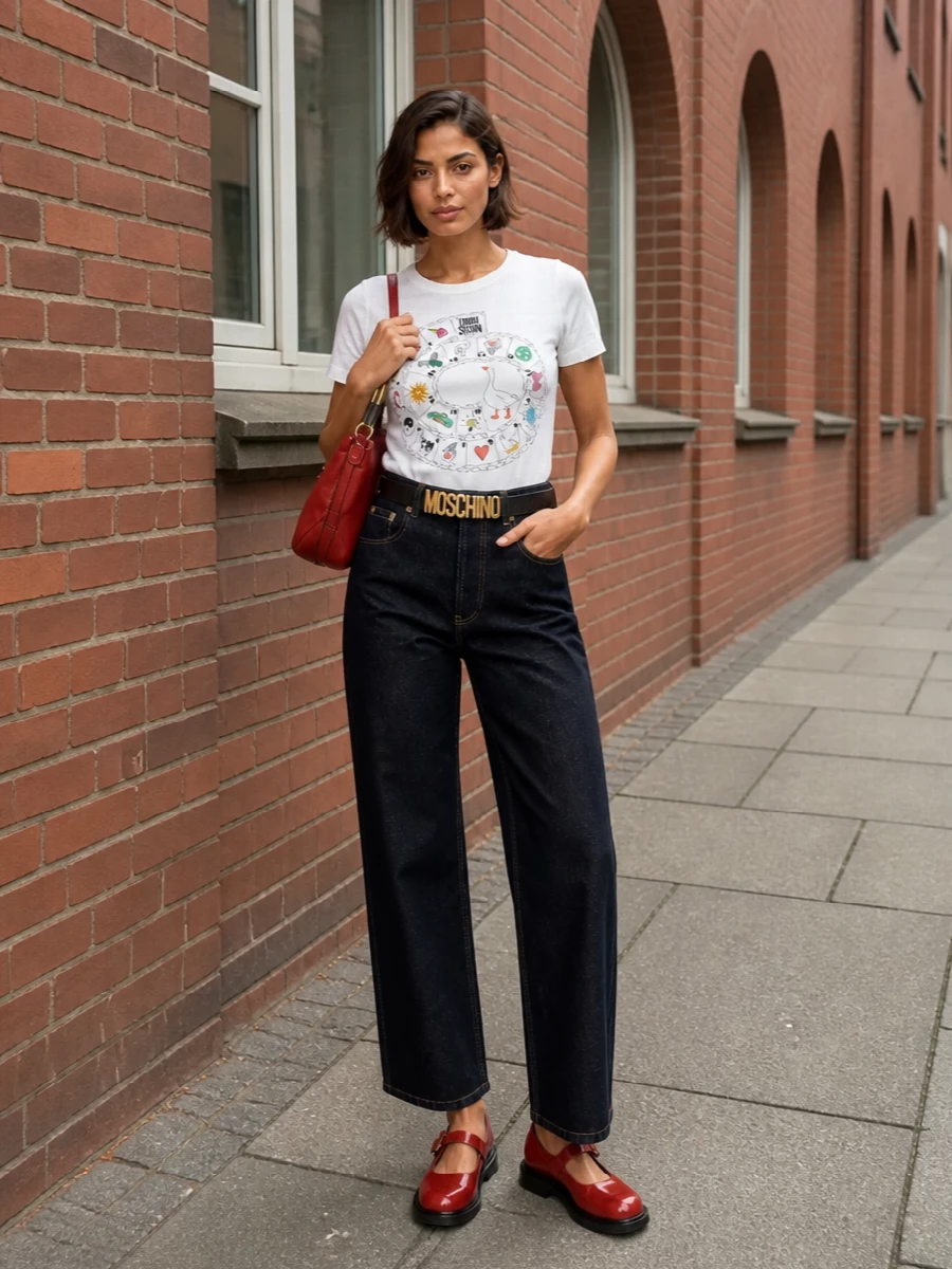 Moschino graphic tee dark jeans red mary janes