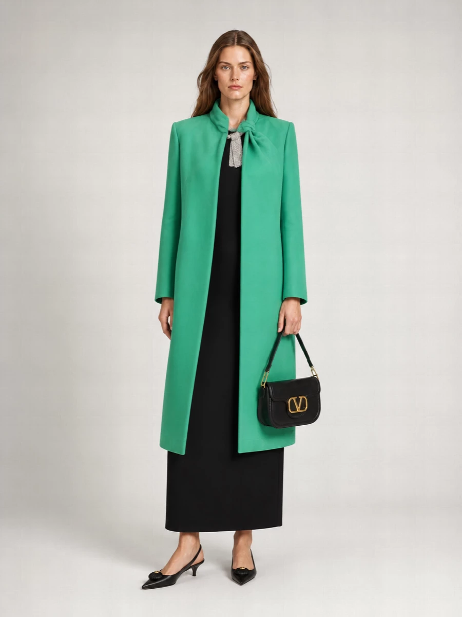 Valentino Wool Knotted High-Neck Long-Sleeve Dress