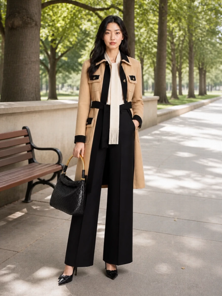 Valentino camel coat black wide leg trousers outfit