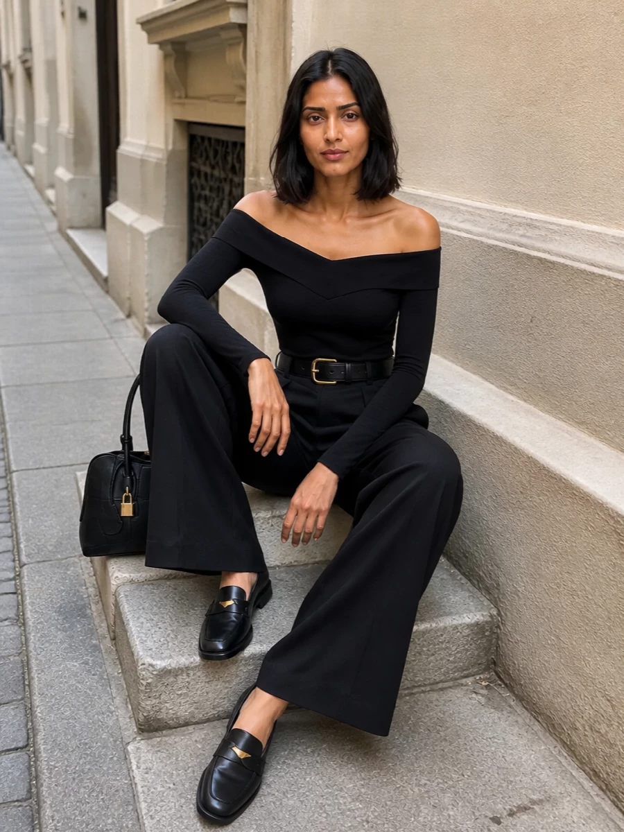 Stella mccartney black off shoulder top wide leg pants
