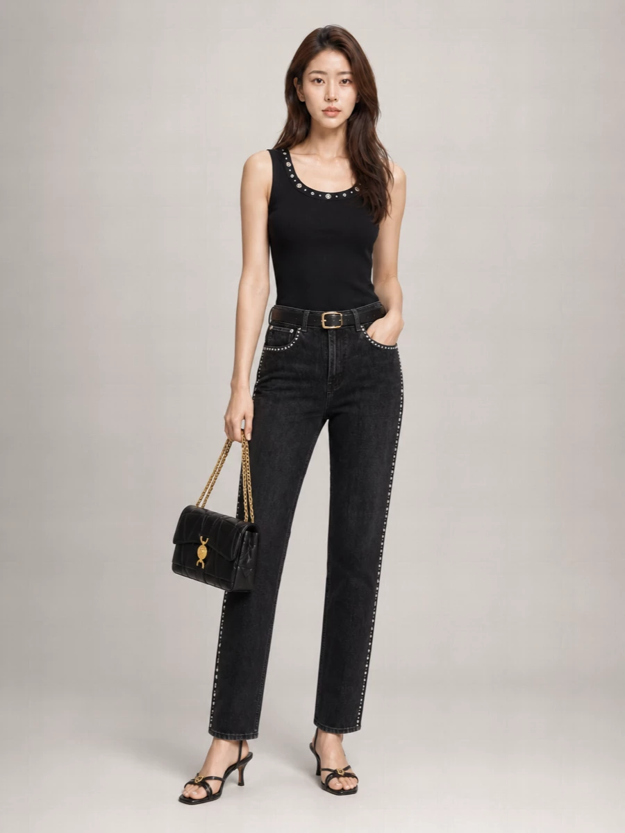 Versace Denim High-Rise Straight-Leg Studded Jeans