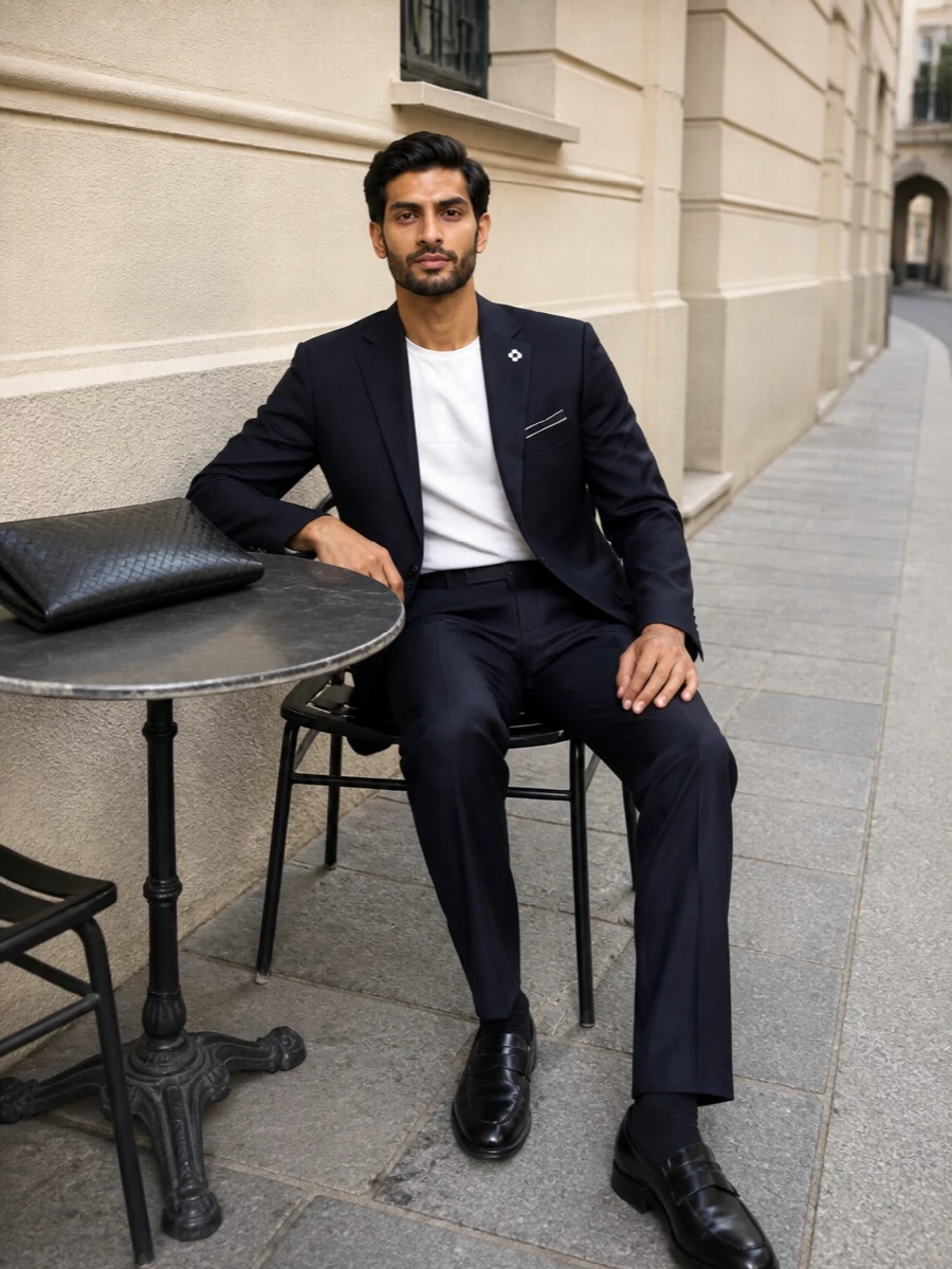 Lardini navy blazer pleated trousers loafers
