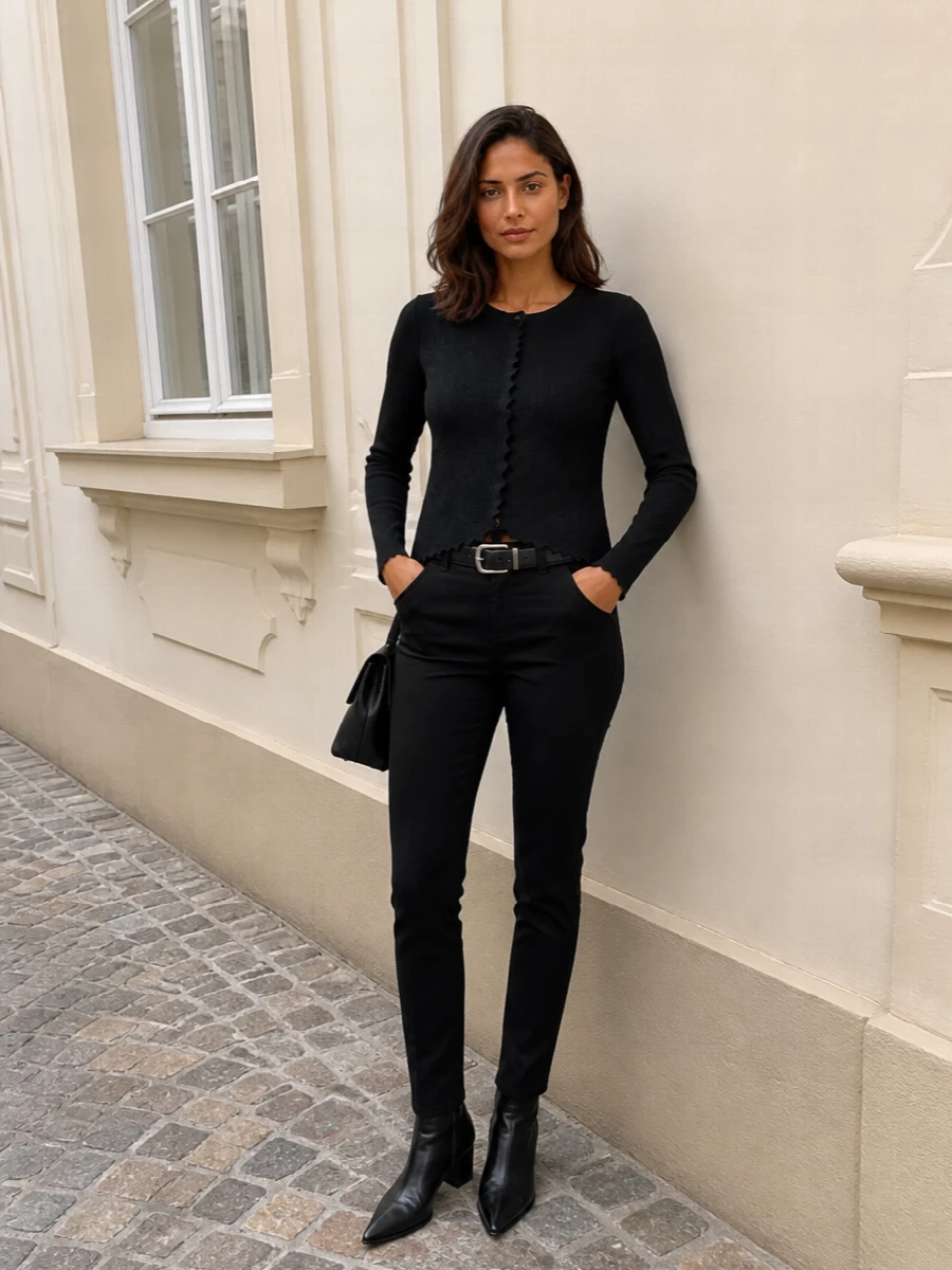 A strictly monochrome take on Italian tailoring, this pairing lets the black slim trouser and sculpted crepe jacket read as a single, elongated line. The pointed ankle boots and structured top-handle bag keep everything sharp yet understated, while a discreet silver-buckled belt gives just enough definition at the waist for boardroom days that run straight into dinner. It is quietly assertive, all about cut, texture and proportion rather than overt branding.