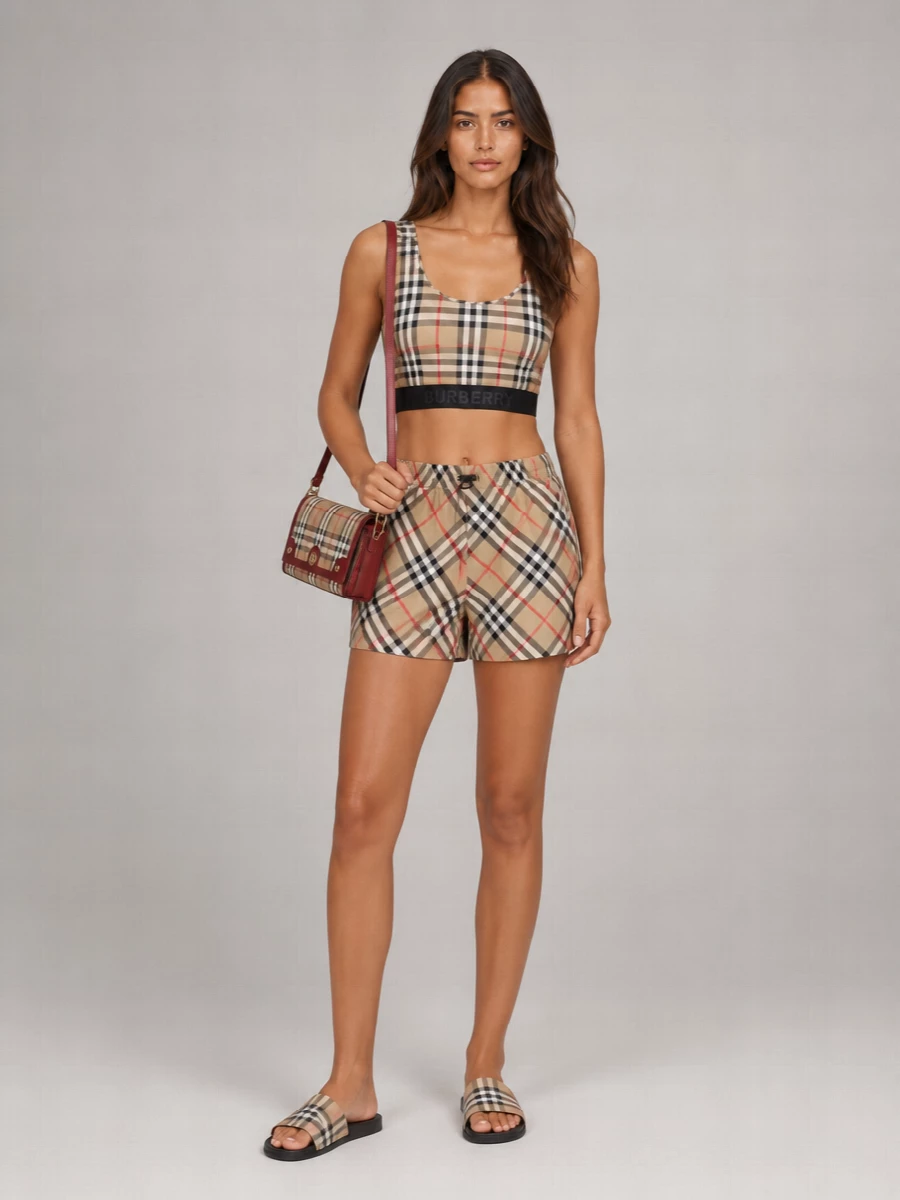 A modern Burberry set-up that leans into sport-inflected streetwear: heritage check shorts grounded with a slim, cropped tank to keep the volume focused below the waist. Slides and a structured crossbody in matching checks and red accents tie everything together, while a check belt adds just enough polish without disturbing the easy attitude.