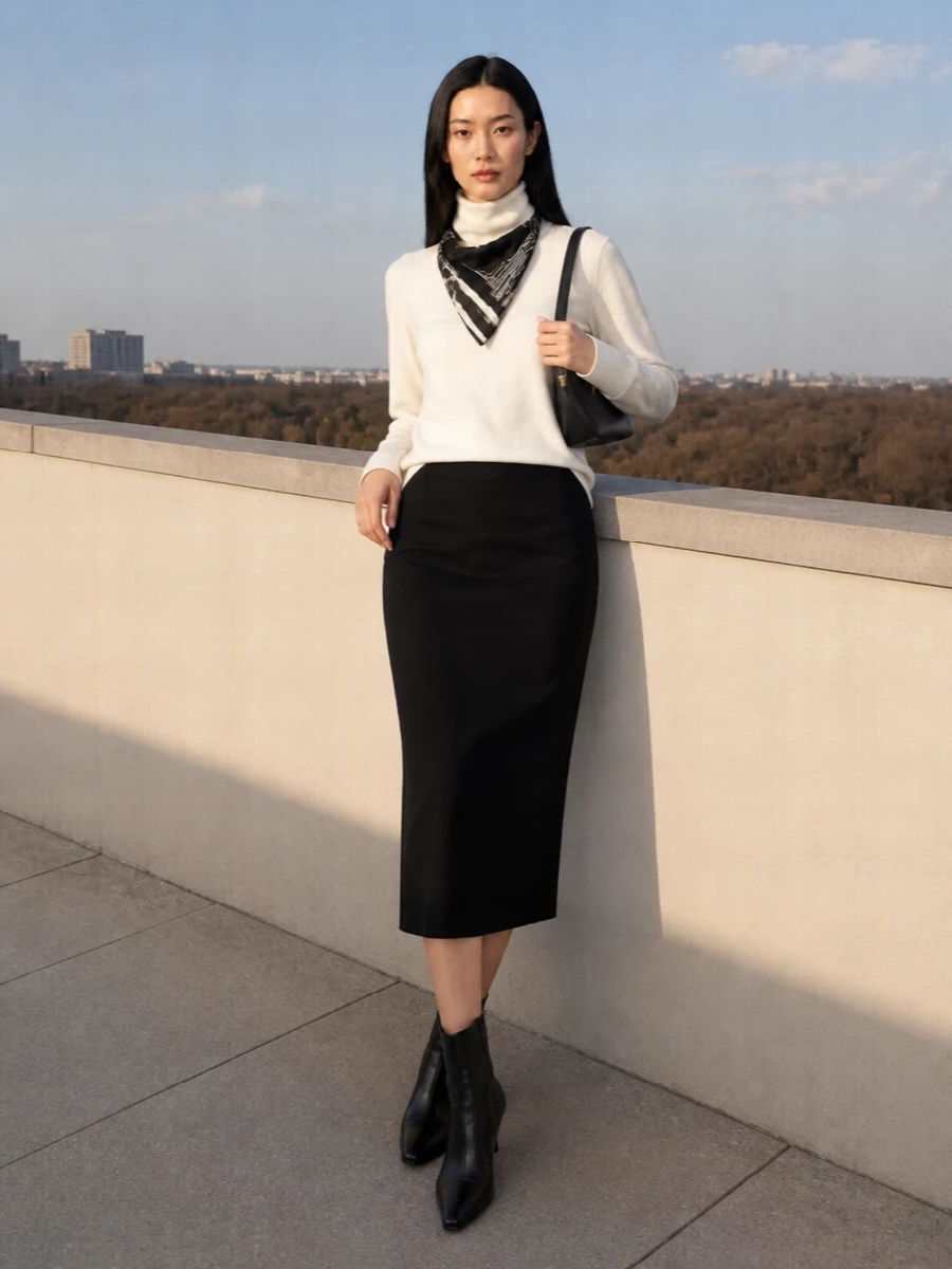 Toteme black midi skirt ivory turtleneck outfit