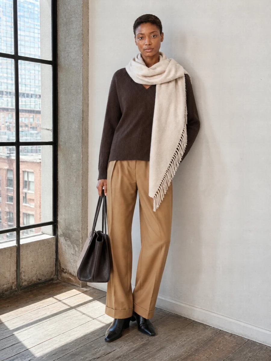 The row mocha sweater camel wide leg trousers