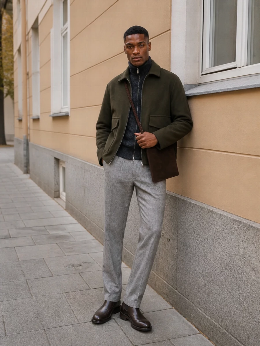 Barena olive jacket taupe trousers brown boots