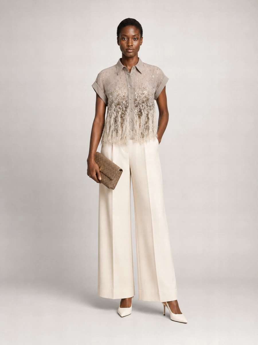 Brunello Cucinelli Silk Sequin Fringe Short-Sleeve Shirt