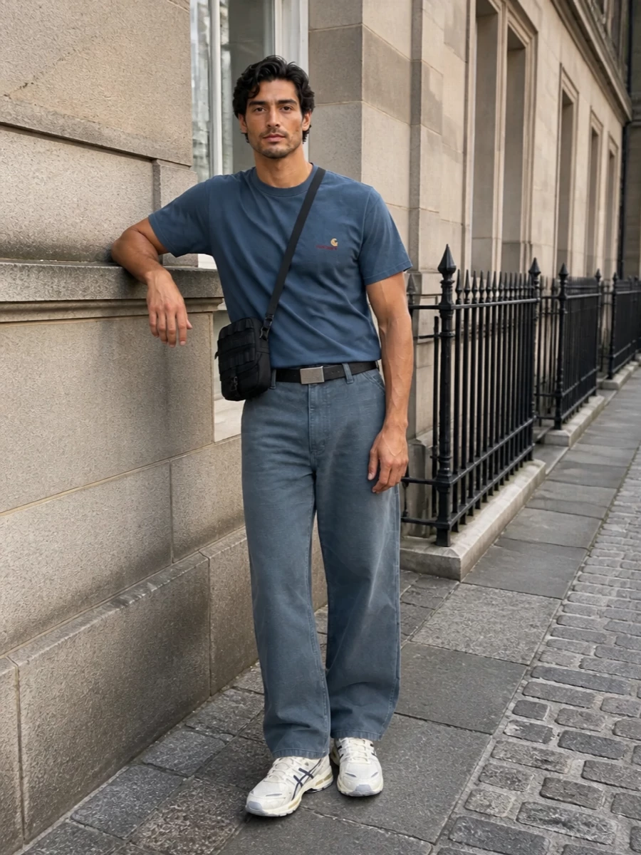 Slate-on-slate Carhartt grounds the outfit, with the tee and wide leg working as a calm, utility-driven base. The off-white technical runners keep it light and agile, while the compact crossbody and slim belt tighten the proportions so the volume reads deliberate, not sloppy. It is clean, skater-adjacent streetwear that feels ready for long days in the city.