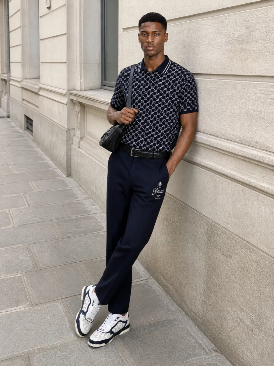 This look leans into a refined sport-preppy narrative: the navy GG polo sits cleanly over straight-leg navy trousers for a streamlined, subtly tailored silhouette. White-and-navy Gucci sneakers pick up the palette and keep the energy athletic yet polished, while the textured black Bottega belt and compact Balenciaga shoulder bag add quiet luxury and urban edge without crowding the logos up top. It’s an elevated everyday uniform that moves easily from city daytime to casual dinners in SS weather.