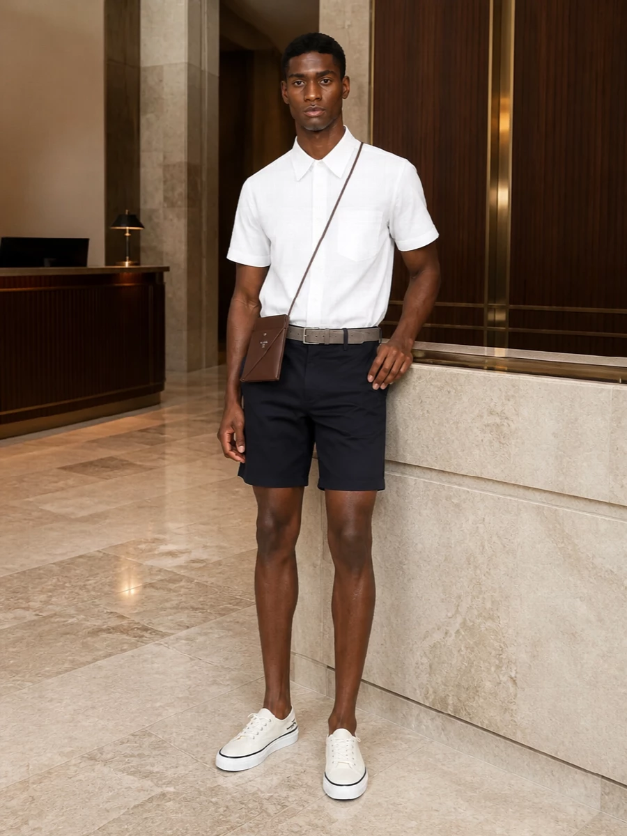 Ami navy shorts white shirt jacquemus sneakers