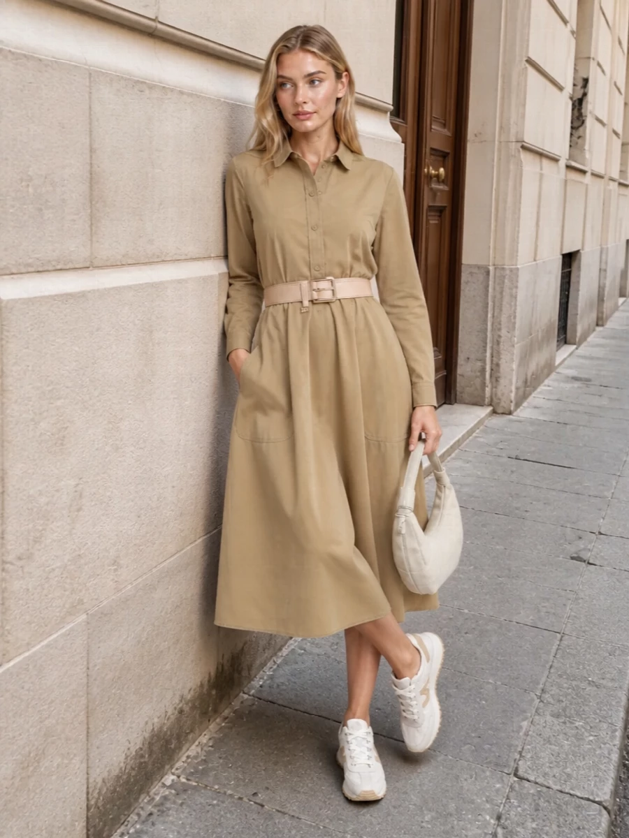 Moncler camel shirt dress neutral belt runners