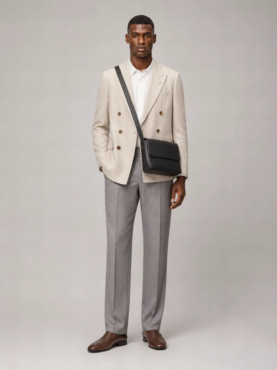 Dries Van Noten Cotton Linen Herringbone Double-Breasted Blazer