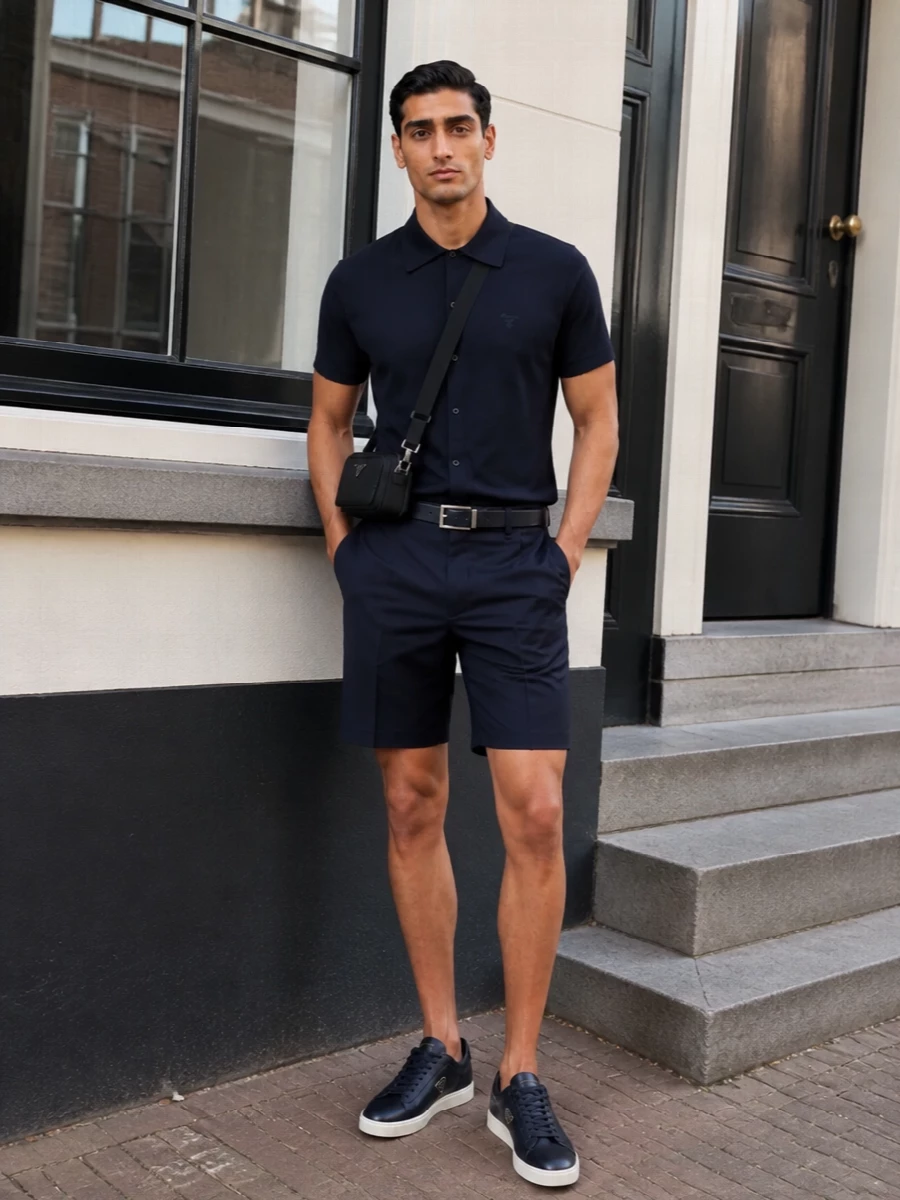 Prada navy polo tailored shorts sneakers
