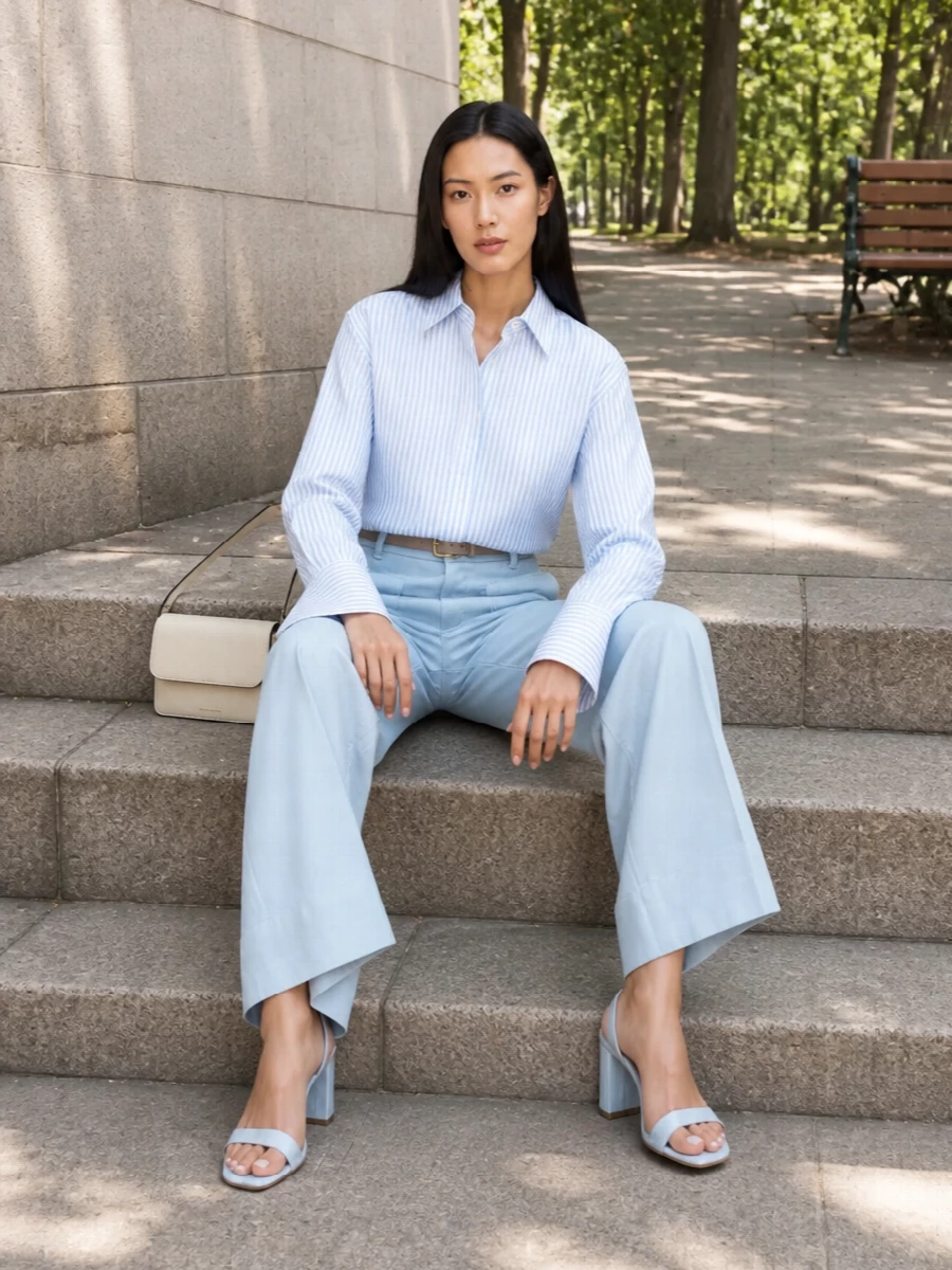 Victoria beckham powder blue trousers striped shirt