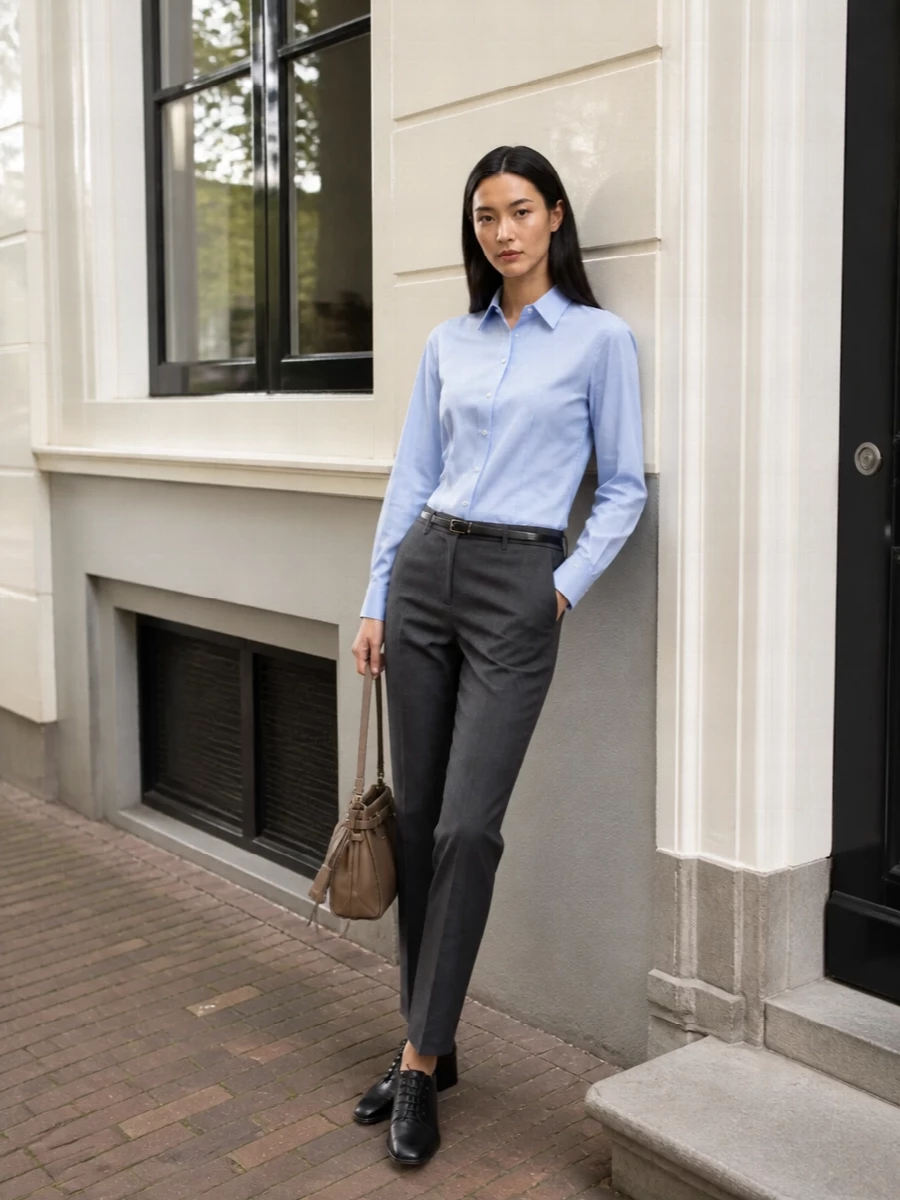 Auralee shirt charcoal trousers prada bag