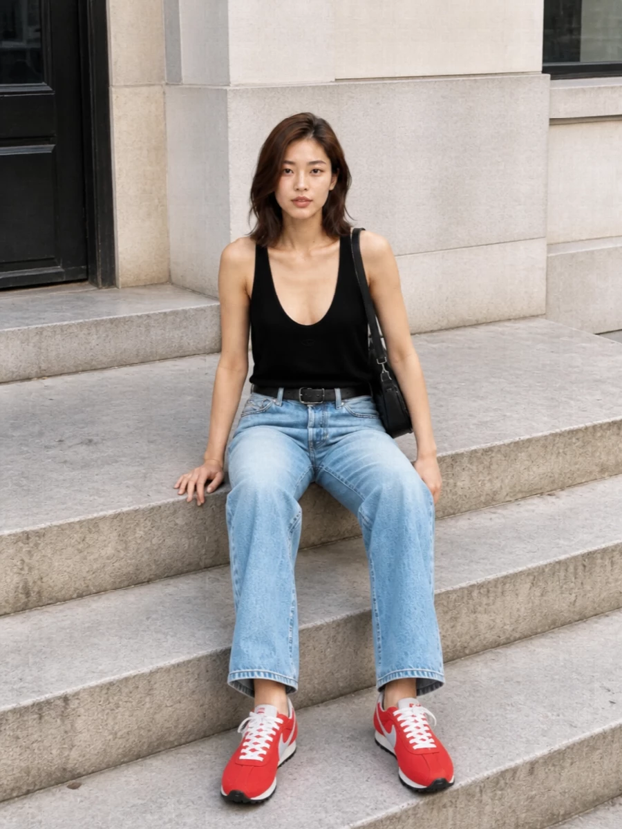 A black racerback tank and light-wash straight jeans keep the vibe stripped back and Nineties, with the soft denim cutting the top’s body-conscious edge. Red retro runners bring a punch of color and sport, while a structured black Diesel shoulder bag and slim belt finish it with just enough hardware. It is an easy streetwear uniform that still feels considered from brunch to late walks home.