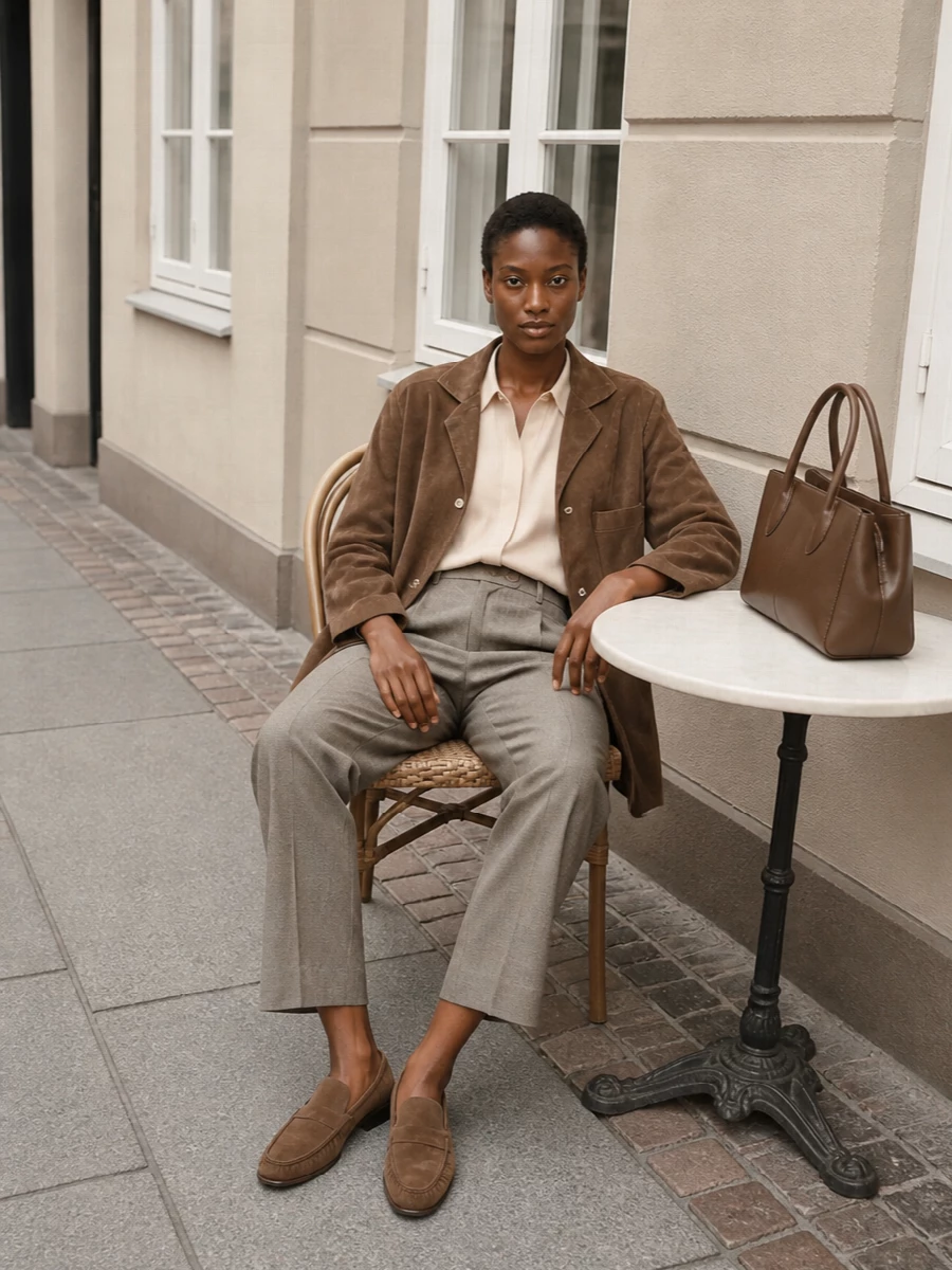 The row suede coat taupe trousers outfit