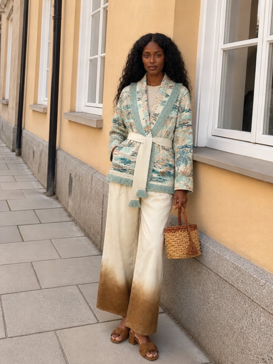 A romantic coastal palette of ivory, teal and sun-faded sand keeps the Alanui cardigan center stage, grounded by ombré wide‑leg trousers for an easy, elongated line. Caramel suede fringe sandals and a structured raffia tote pick up the knit’s artisanal texture, creating a quietly bohemian outfit that moves easily from brunch to late-afternoon gallery visits. The result is soft, tactile and relaxed, yet polished enough for city terraces and resort cocktails alike.