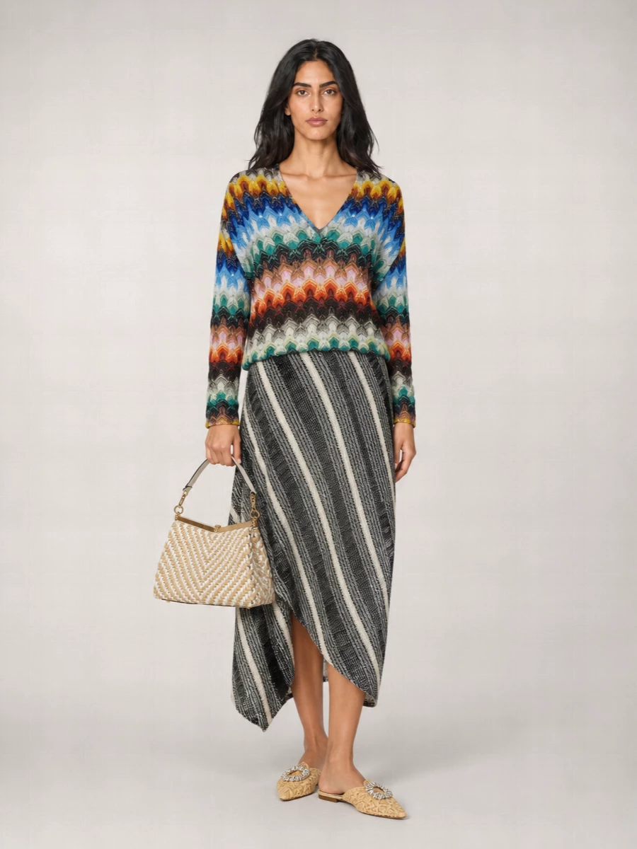 Missoni Metallic Zigzag Knit V-Neck Long-Sleeve Jumper