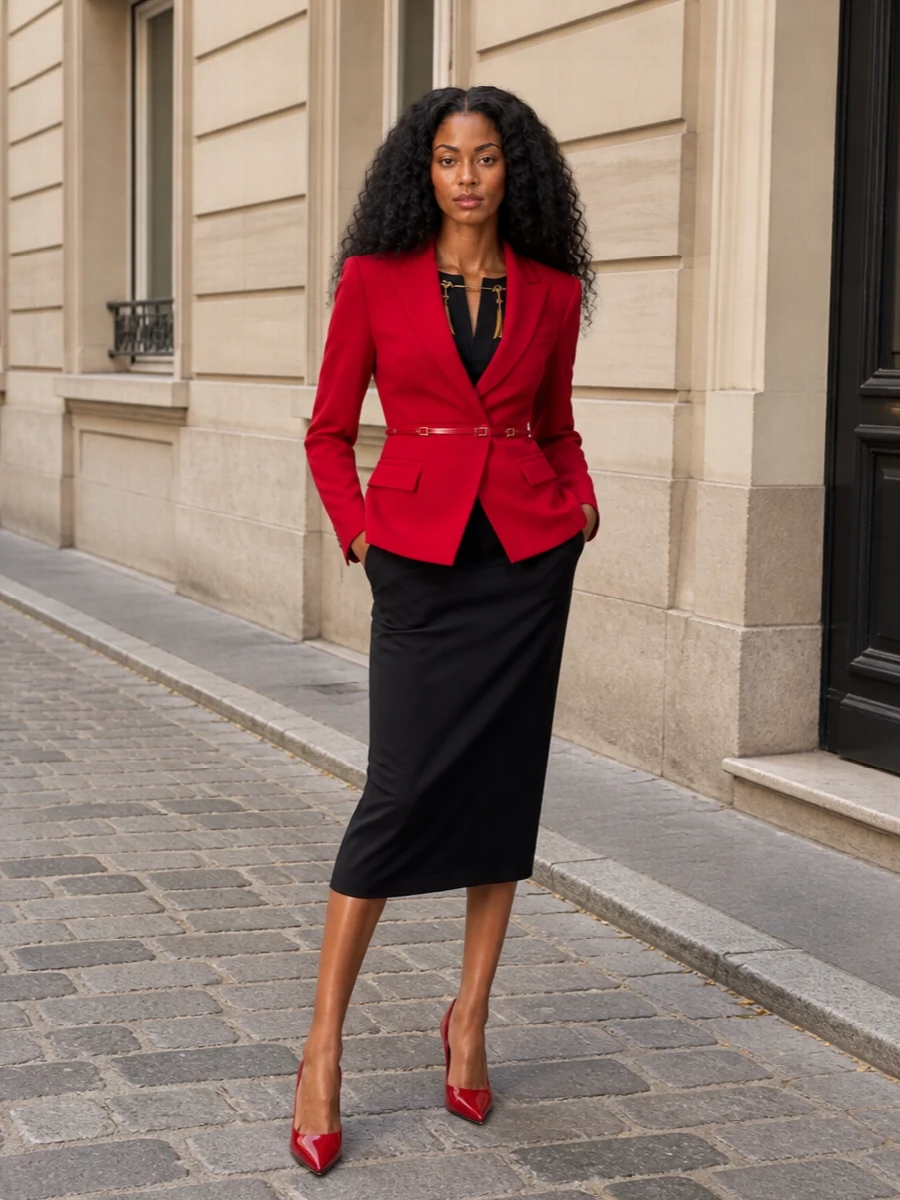 Elisabetta franchi red blazer black midi dress