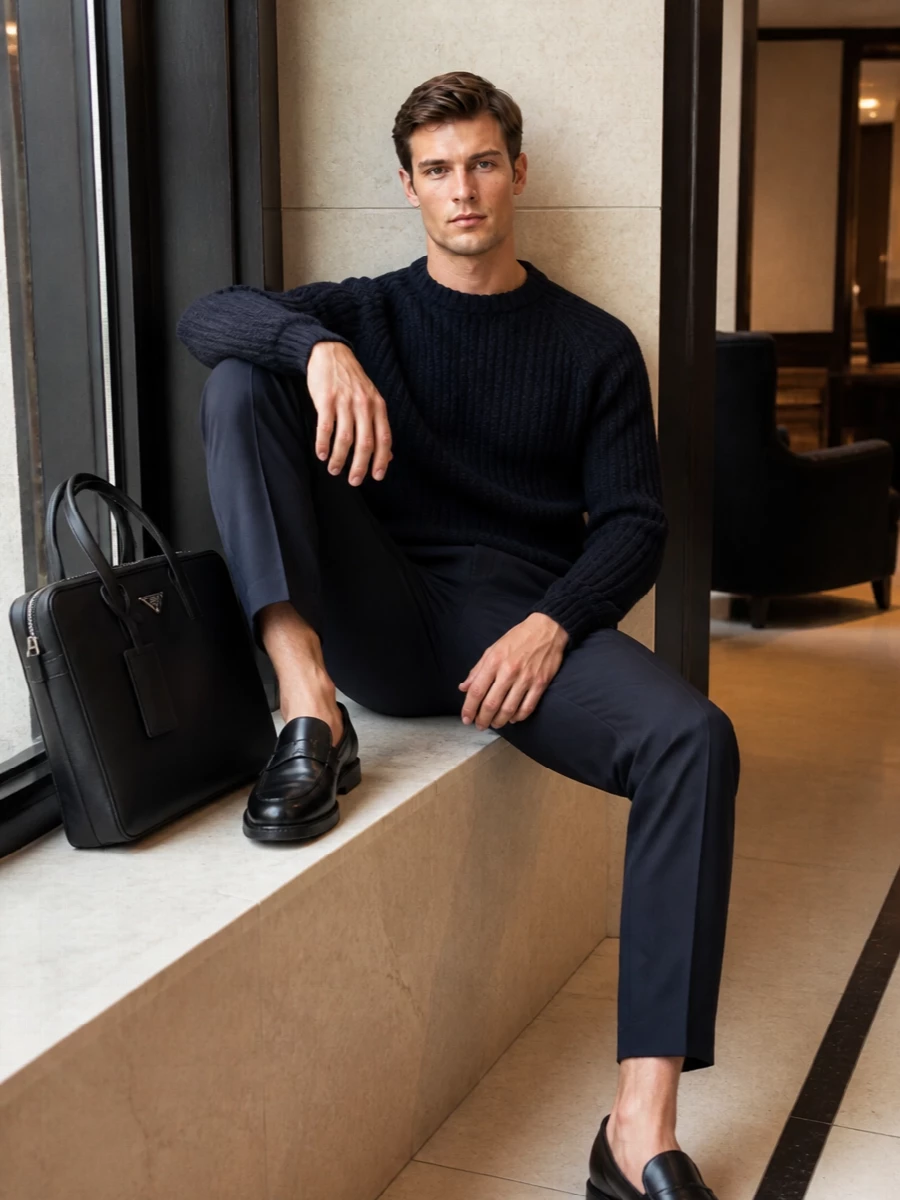 Brioni navy trousers prada black loafers outfit
