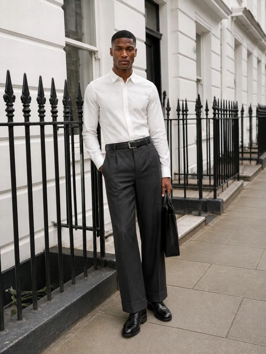Valentino charcoal wide leg trousers off white shirt