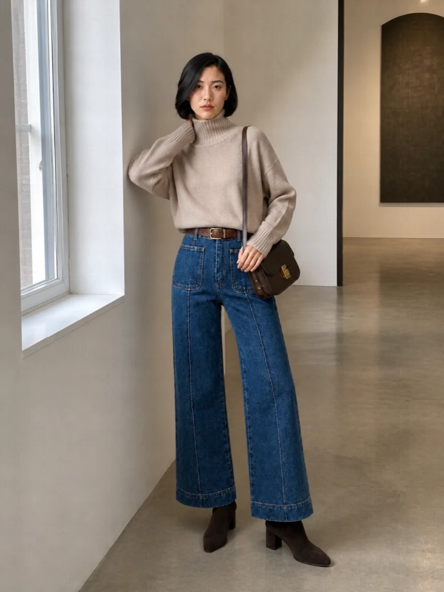 Soeur wide leg jeans beige turtleneck boots