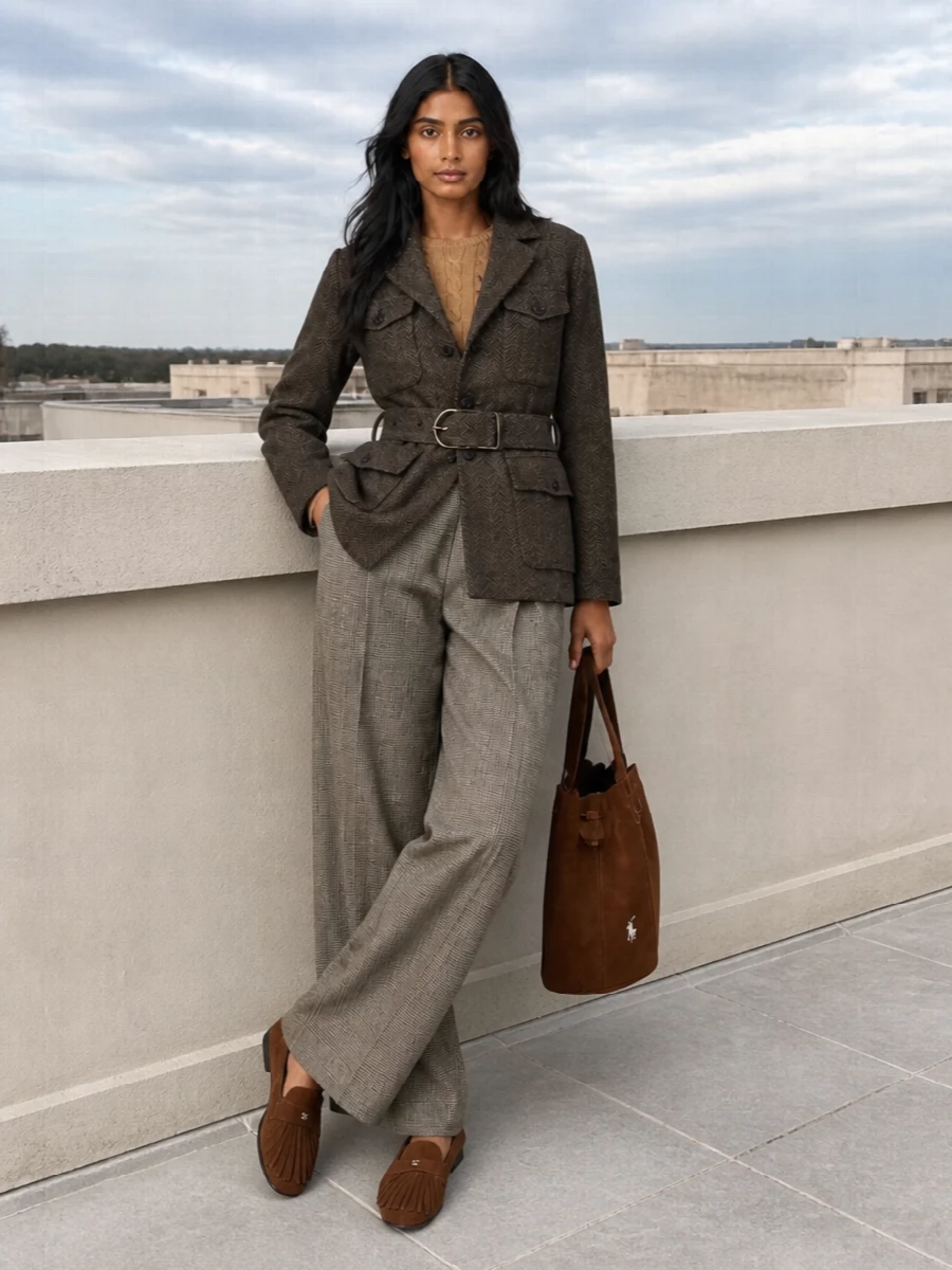 Ralph lauren coat max mara check trousers outfit