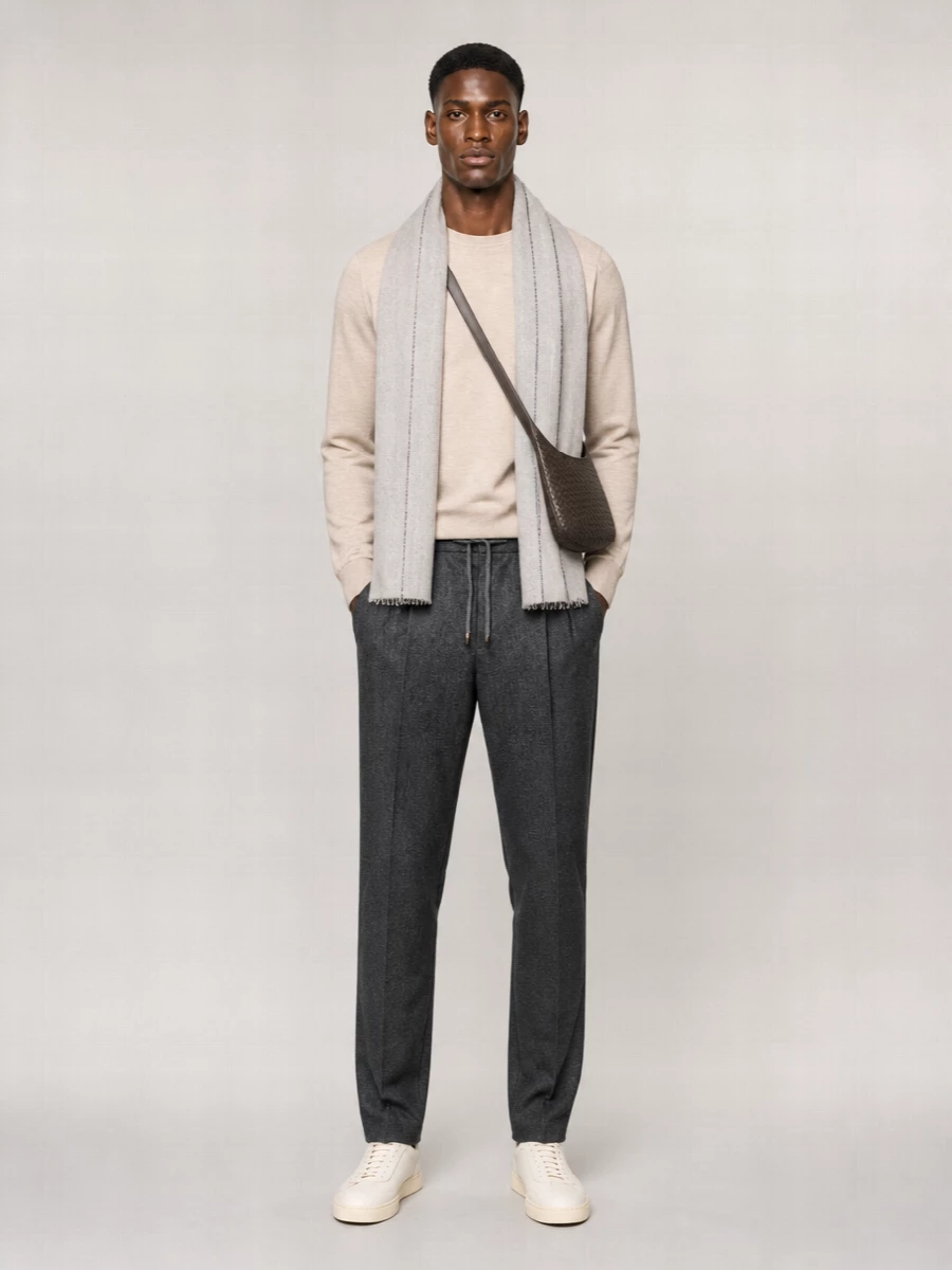 Brunello Cucinelli Cashmere Silk Ribbed Trim Crew Neck Long-Sleeve Sweater