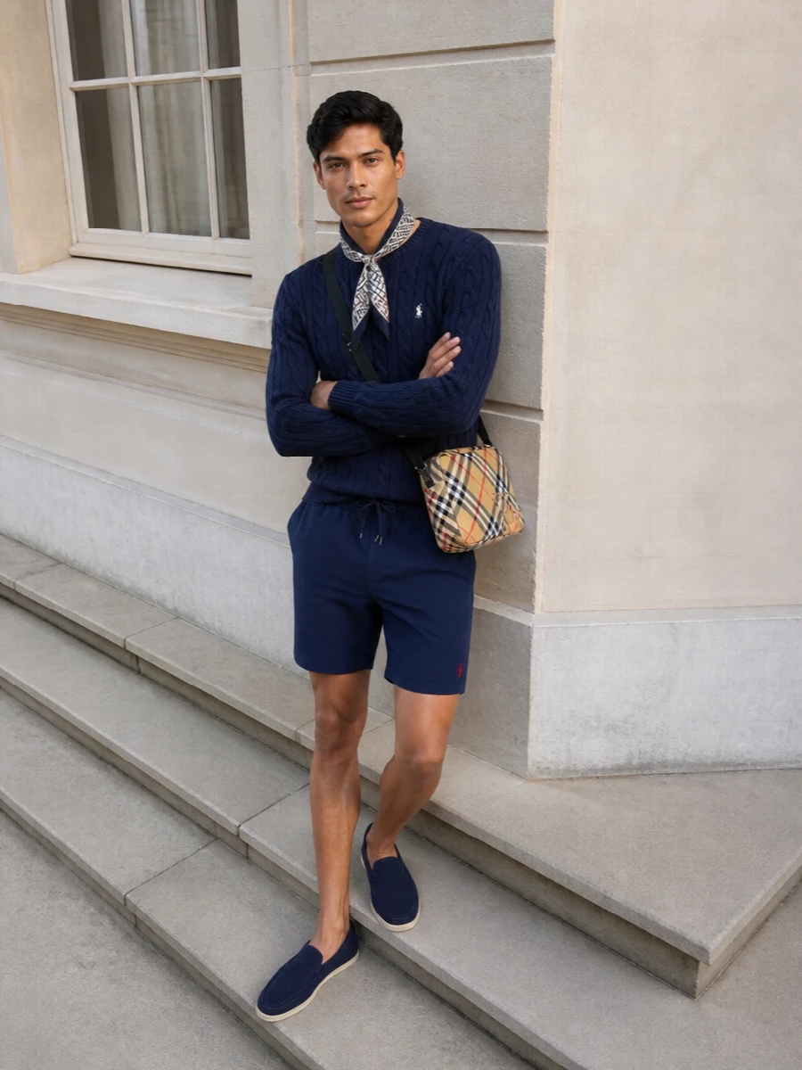 Navy cable-knit paired with clean deck shorts and suede loafers leans into East Coast prep that feels relaxed but still considered. The Burberry crossbody and geometric scarf add just enough structure and pattern to keep it city ready while staying in a quiet, navy-and-neutral register. It is an easy uniform for coastal weekends that still works for a terrace lunch in town.