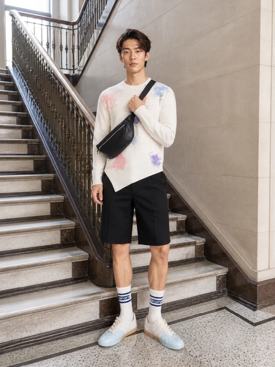 Comme des garcons pastel sweater black shorts