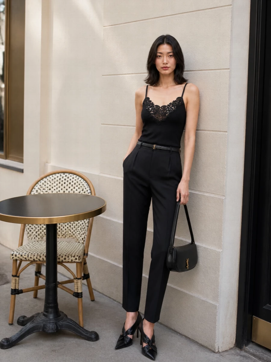 Saint laurent black camisole tailored trousers outfit
