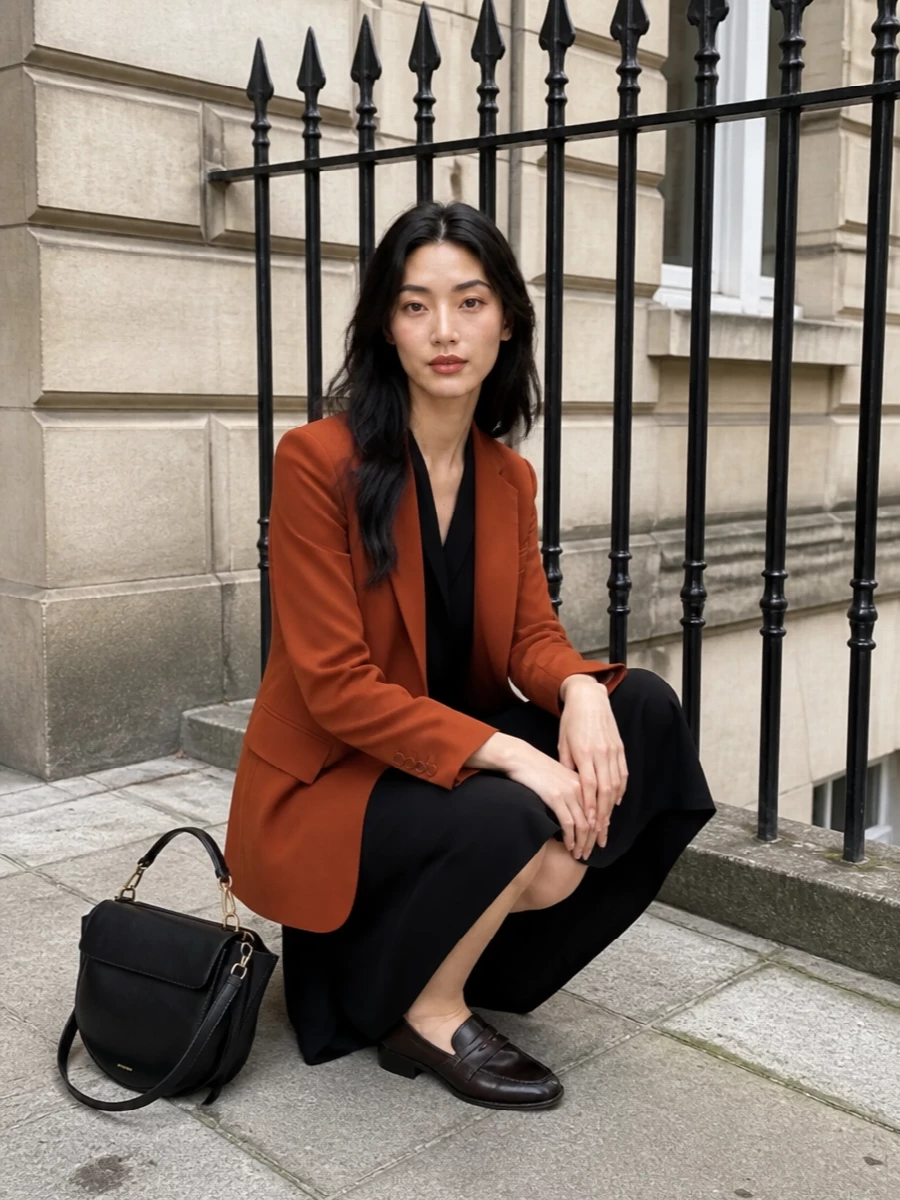 Dries van noten terracotta blazer black wrap dress