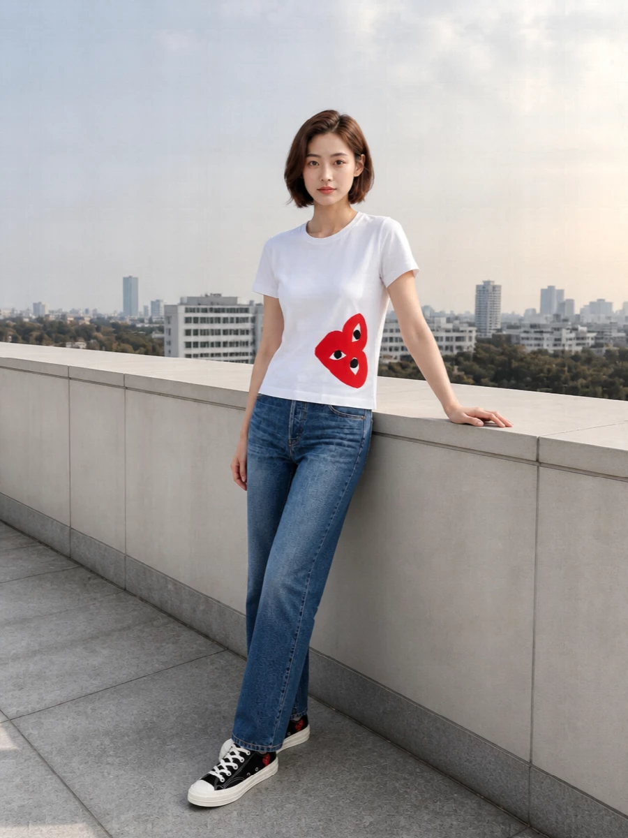 Comme des garcons play tee apc jeans outfit